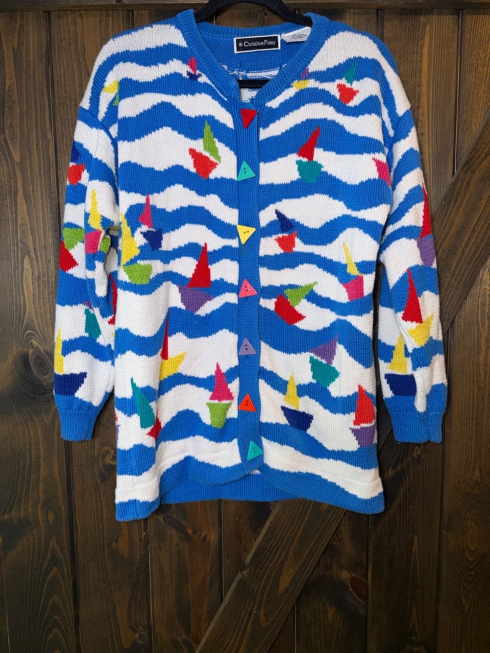 Vintage Christine Foley Nautical Wave Knit Cardigan  Sails